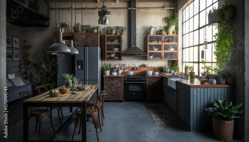 Cozy Beautiful Industrial style kitchen with concrete countertops Interior Design for Your Home: Bold, Colorful, and Unique Style for Room Renovations, Furniture, and Architecture (generative AI)