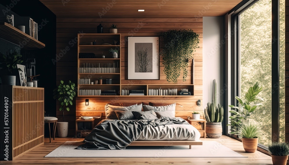 Cozy Beautiful Minimalist bedroom with natural wood accents