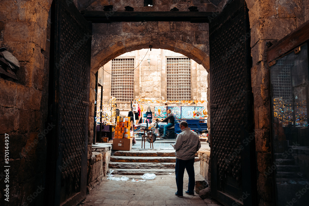 Man in Ancient Doorway to Al Khyiamia Tent Maker's Market, Cairo Egypt