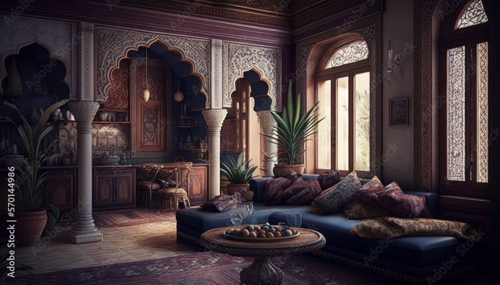 Cozy Beautiful Moroccan influenced Interior Design for Your Home: Bold, Colorful, and Unique Style for Room Renovations, Furniture, and Architecture (generative AI)