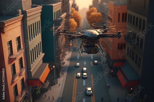 Close up Black surveillance drone in city, HI-TECH drone flying in city for security purposes, generative ai, Drone taking flight over urban city in daytime, Skycrapers buildings in the background