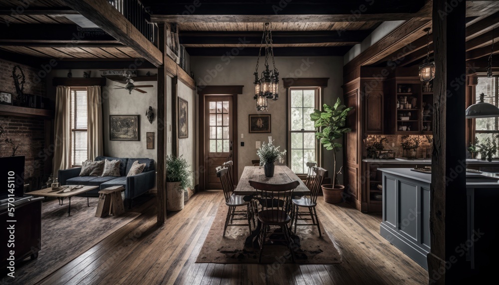 Cozy Beautiful Rustic farmhouse style Interior Design for Your Home: Bold, Colorful, and Unique Style for Room Renovations, Furniture, and Architecture (generative AI)