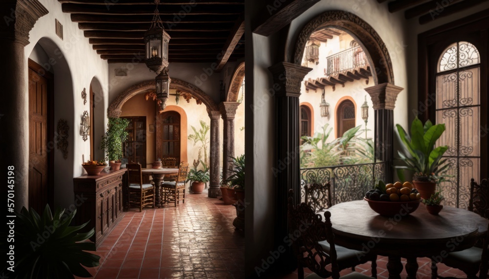 Cozy Beautiful Spanish Colonial hacienda style Interior Design for Your Home: Bold, Colorful, and Unique Style for Room Renovations, Furniture, and Architecture (generative AI)