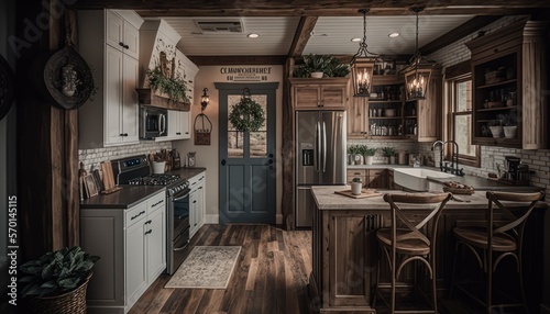 Cozy Beautiful Rustic farmhouse-style kitchen Interior Design for Your Home: Bold, Colorful, and Unique Style for Room Renovations, Furniture, and Architecture (generative AI) © Get Stock