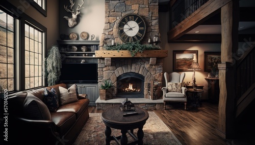 Cozy Beautiful Rustic stone fireplace in a living room Interior Design for Your Home: Bold, Colorful, and Unique Style for Room Renovations, Furniture, and Architecture (generative AI)