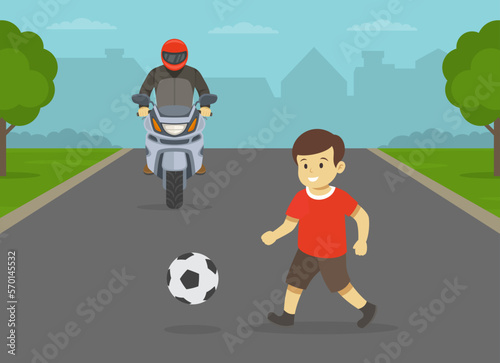 Safe motorcycle riding. Young boy running onto road directly in front of moto rider. Kid playing football on the street. Flat vector illustration template.