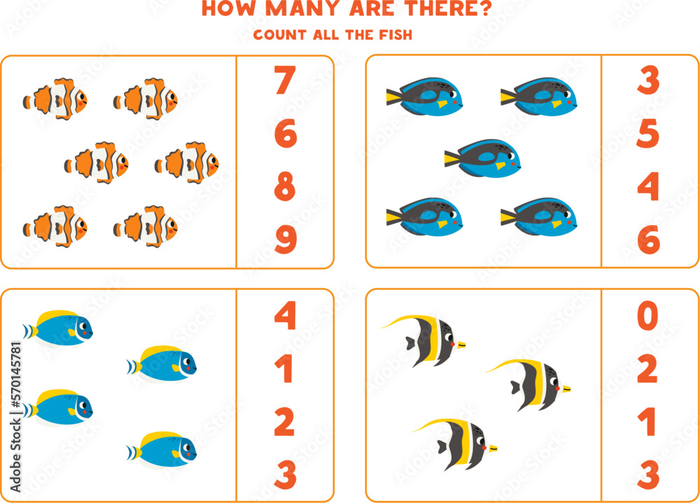 Counting game with cute sea fish. Educational worksheet.