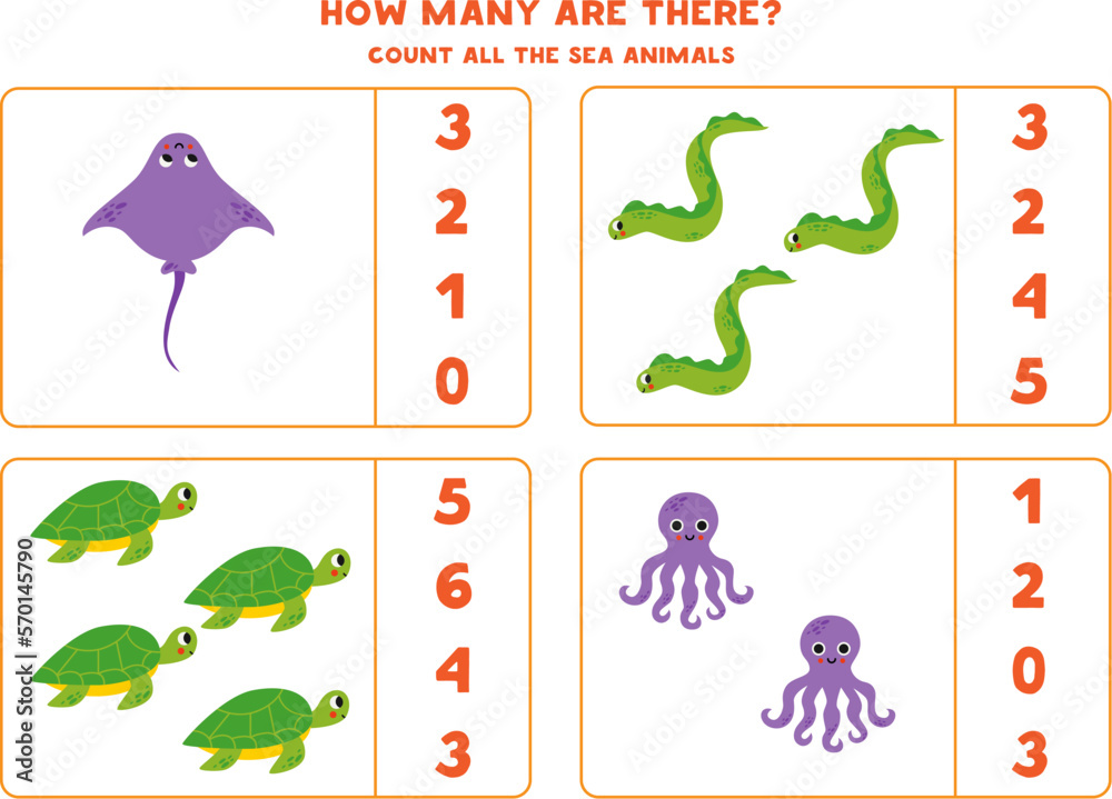 Counting game with cute sea animals. Educational worksheet.