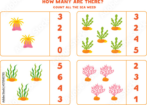 Counting game with cute sea weed. Educational worksheet.