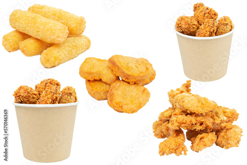 set of fast food snacks for menu. Crispy fried chicken strips, fried cheese sticks, Chicken nuggets, hot wings bucket, chicken bucket