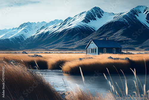 cabane bleue dans un paysage de Norvège