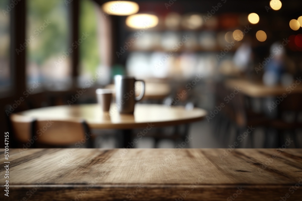 Selected focus empty brown wooden table and coffee shop cafe or restaurant blur background image. for your photomontage or product display. Generative AI