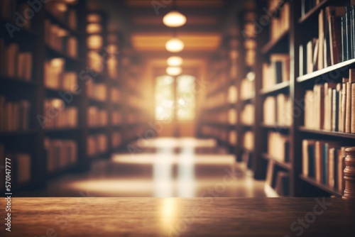Abstract blurred empty college library interior space. Blurry classroom with bookshelves by defocused effect. use for background or backdrop in book shop business or education resources concepts