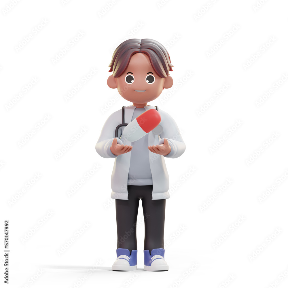 3d character of a doctor or dentist in the medical world with a stethoscope in a standing pose carrying medicine capsule isolated 3d character of a doctor or dentist in the medical world with a stethoscope in a standing pose carrying medicine capsule isolated