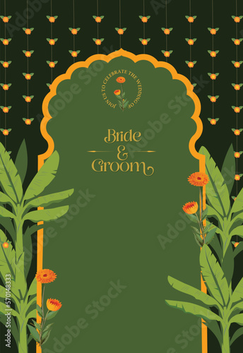 Auspicious Invitation card template. Useful for auspicious Indian days, such as House Warming, Puja, Wedding, Engagements, Spiritual activities, etc. 
