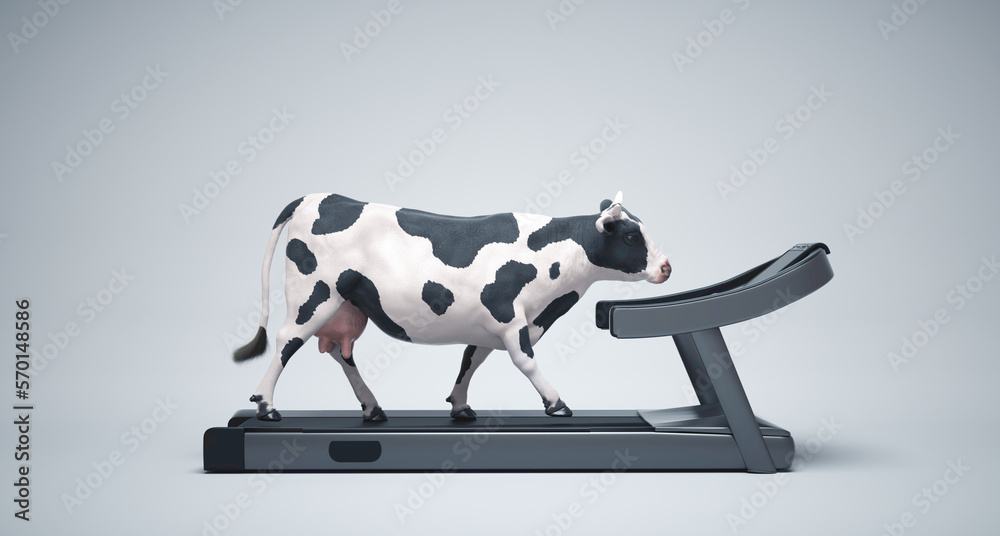 Cow running on trademill. Weight loss and fitness concept. Cow running on trademill. Weight loss and fitness concept.