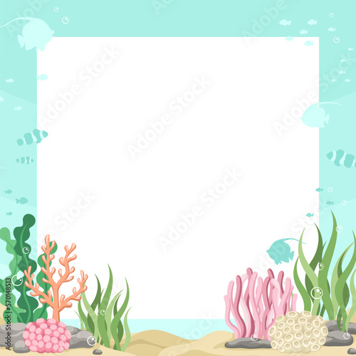Square coral reefs and fishes underwater scene and nature border. Marine life frame vector design template. Backgrounds with copy space for text for banners, social media stories