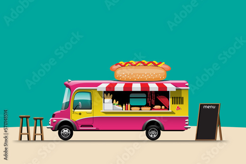 The food truck side view with menu hotdog vector