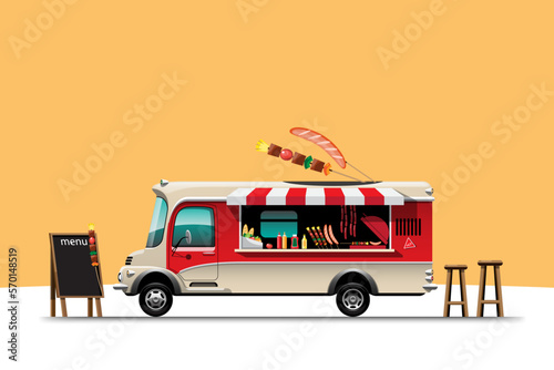 The food truck side view with menu barbecue vector