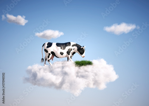 Cow sitting on a cloud in the sky . Dreaming and aspirations concept .