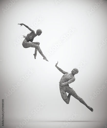 Couple made of wires dancing on background. Harmony and chaotic relationship.
