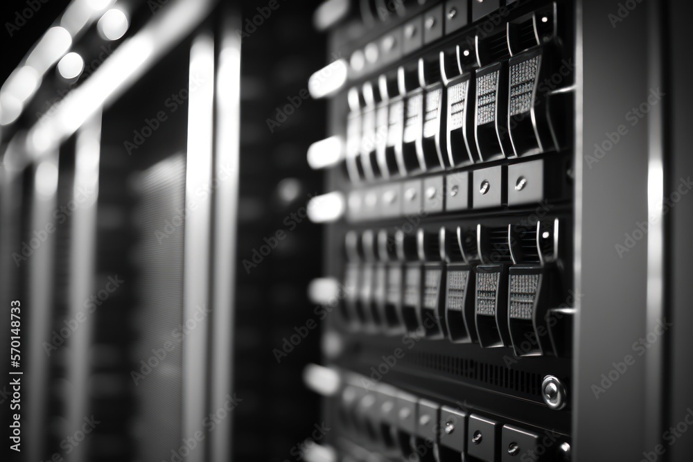 Black and white image showing the bottom of a server rack in a data center with a depth of field. Generative AI Black and white image showing the bottom of a server rack in a data center with a depth of field. Generative AI