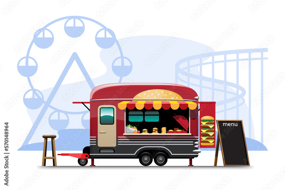 Trailer food truck drawing design style flat vector