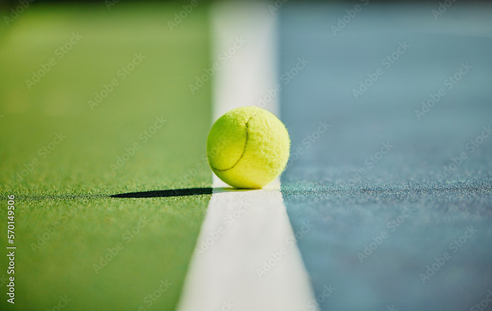 Tennis ball, court and green texture of line between grass and turf game with no people. Sports, empty sport training ground and object zoom for workout, exercise and fitness for a match outdoor