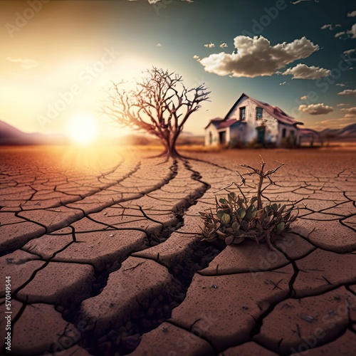 Fototapeta Generative AI, AI, Parched drought dry cracked land ground with plants dying wit
