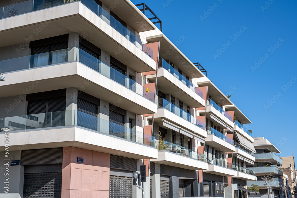 Modern apartment buildings with balconies seen in Barcelona, Spain