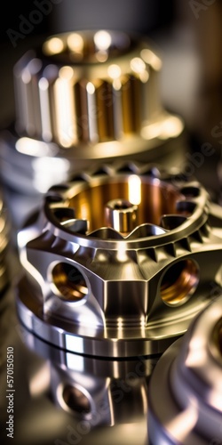 a batch of shiny metal cnc aerospace parts production close up in selective focus for industrial full frame background. Generative AI