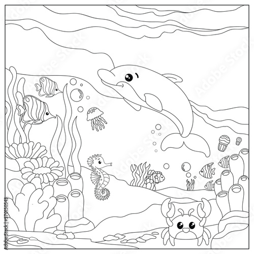 Vector illustration with dolphin, algae, sea horse and sea floor. Cute square page coloring book for children. Simple funny kid's drawing. Black lines, sketch on a white background.