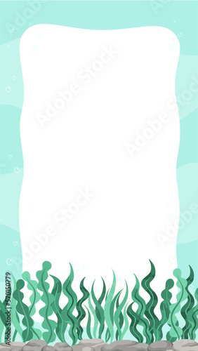 Vertical seaweed underwater scene and nature border. Marine life frame vector design template. Backgrounds with copy space for text for banners, social media stories