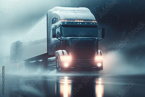 Close up of truck bottom moving through fog or rain on wet road. Under the wheels of the car, water sprays out. Highway visibility is poor. selective attention. Generative AI