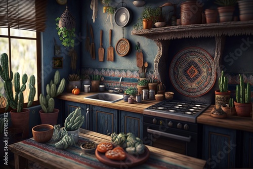 Colorful boho interior style kitchen with cabinet, stove and fridge
