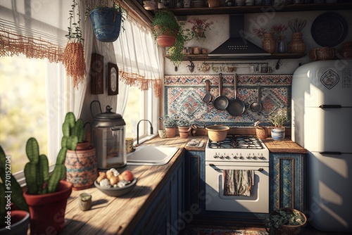 Colorful boho interior style kitchen with cabinet, cactus plant and fridge
