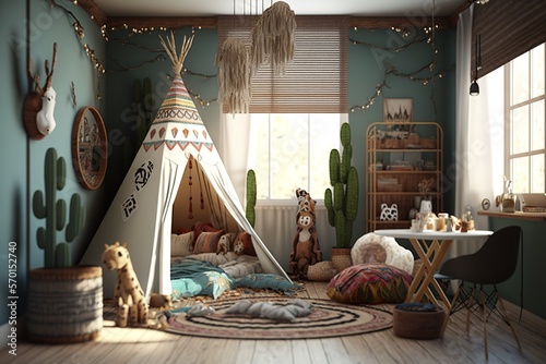 Boho interior style children's room with tent, toys and pillows