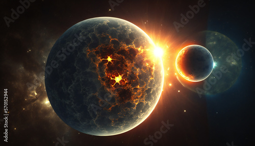 Space image of earth getting closer to the sun. Moments before earth hitting the sun, the end of the world, exploding sun destroying our planet.