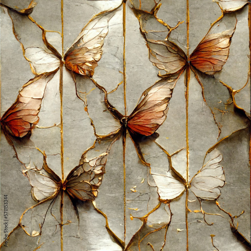 Seamless kintsugi butterfly pattern, repeating textured silver and rose gold background, sophisticated japanese wallpaper, generative ai