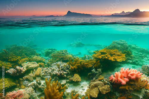 Wallpaper of coral reef underwater landscape. generative ai