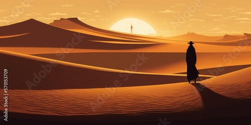 Man standing by himself on a sand dune in the middle of the desert at sunset. United Arab Emirates Abu Dhabi. Generative AI