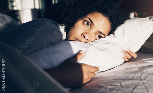Obraz na plátně Anxiety, depression and sad woman tired in bed with insomnia, thinking and trying to sleep while sick