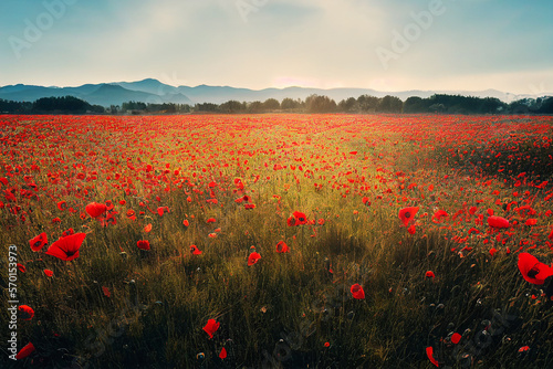Wallpaper of poppy field landscape. Generative ai