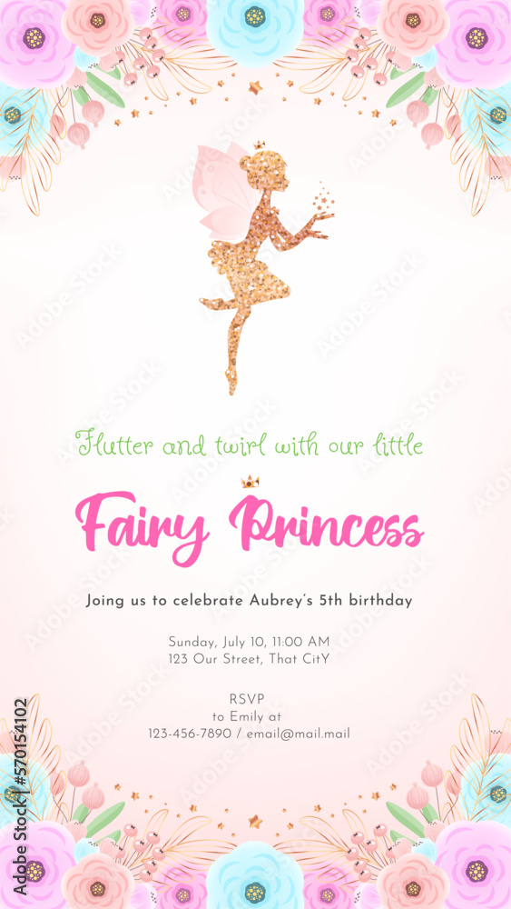 Fairy birthday party invitation template. Gold sparkling silhouette of a cute little pixie on a beautiful floral background. Can be used for web, social networks and stories. Vector 10 EPS.