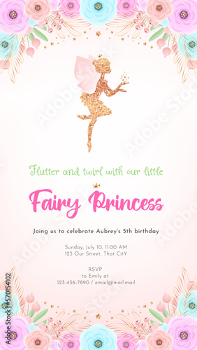 Fairy birthday party invitation template. Gold sparkling silhouette of a cute little pixie on a beautiful floral background. Can be used for web, social networks and stories. Vector 10 EPS.