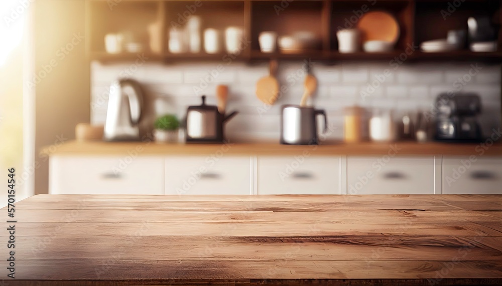 Product Display Podium with Blurred Kitchen. Generative AI. Product Display Podium with Blurred Kitchen. Generative AI.