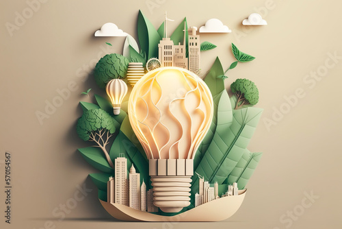 Paper cut of light bulb with green eco city , Renewable energy by 2050 Carbon neutral energy or greenhouse gas emission CO2 , Save energy creative idea concept , Generative Ai photo