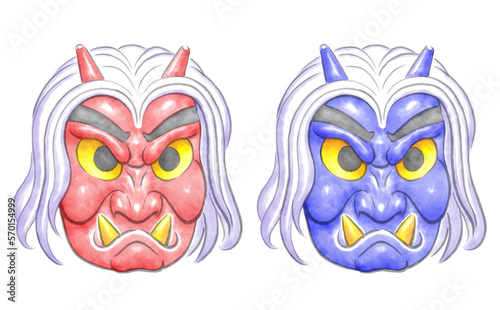 Oni mask watercolor illustrations isolated on transparent background