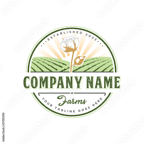 Circular cotton farm logo emblem vintage with cotton plant design illustration, field, plantation, and sunshine element design