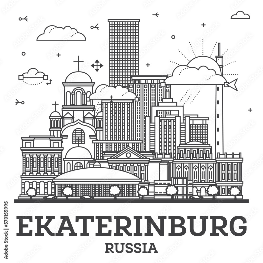 Outline Yekaterinburg Russia City Skyline with Modern Buildings Isolated on White. Yekaterinburg Cityscape with Landmarks.